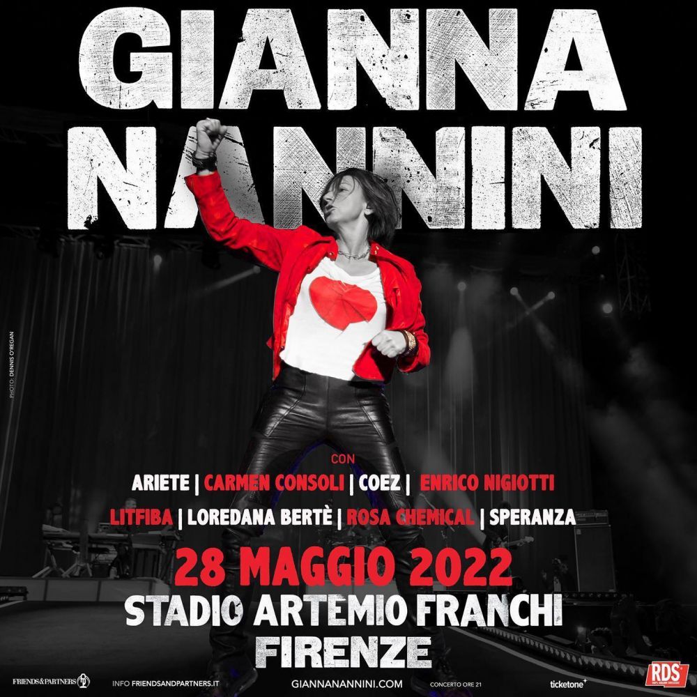 GIANNA NANNINI - Sul palco il 28 maggio allo Stadio Artemio Franchi di Firenze ARIETE, BERTÈ, COEZ, CONSOLI, LITFIBA, NIGIOTTI, ROSA CHEMICAL e SPERANZA