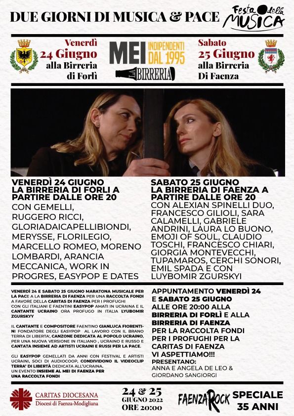 Venerdì 24 giugno a FORLÌ e sabato 25 giugno a FAENZA, come anteprima del MEI – Meeting delle Etichette Indipendenti, “MARATONA MUSICALE PER LA PACE”