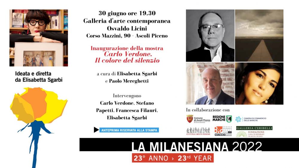 LA MILANESIANA - Da giovedì 30 giugno al 15 settembre Ascoli Piceno ospita la mostra “Carlo Verdone.Il colore del silenzio"(inaugurazione giovedì-ore19.30). Alle 21.00, Teatro Ventidio Basso, dialogo Verdone e Mereghetti