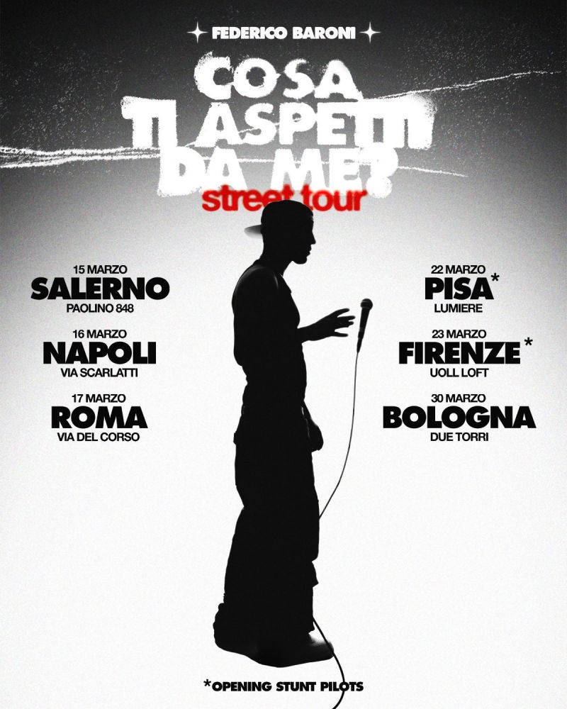 Al via domani "COSA TI ASPETTI DA ME TOUR", una serie di live per le strade delle pi importanti citt italiane, nel corso delle quali FEDERICO BARONI eseguir dal vivo "COSA TI ASPETTI DA ME", il nuovo singolo disponibile in digitale.